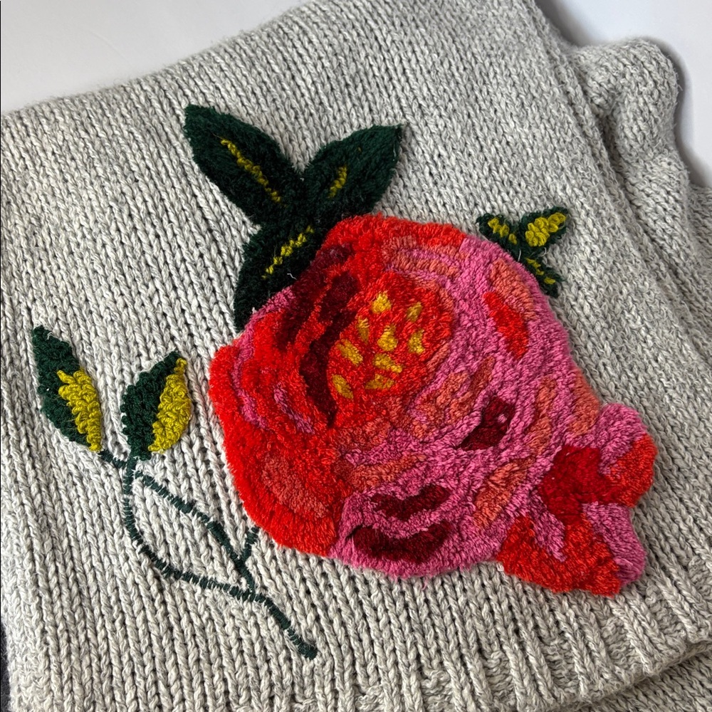 Nathalie Lete x Anthropologie Grey and Floral Embroidery Knit Scarf - Picture 6 of 9